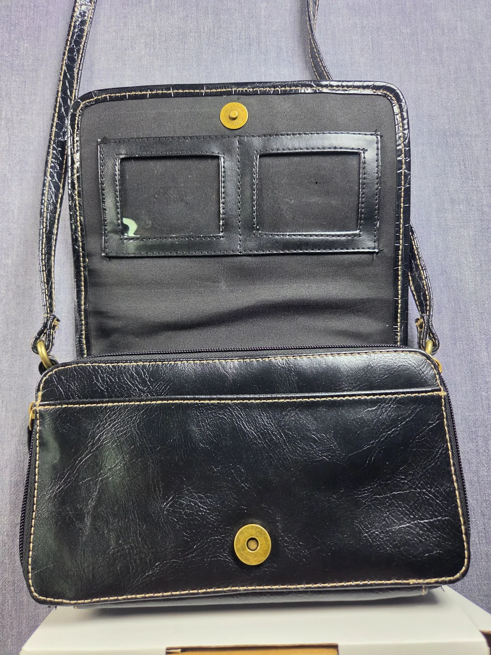 Black Leather Crossbody Shoulder Bag with Gold Accent